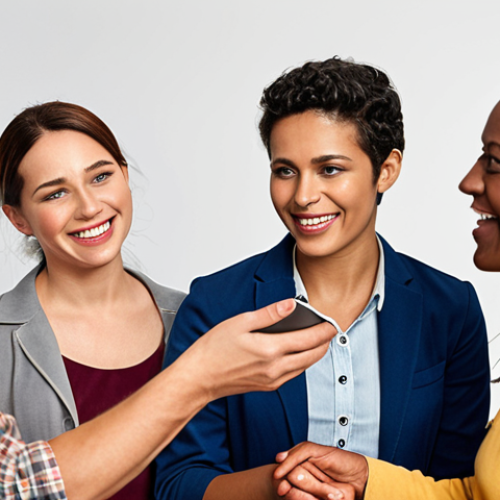 ** A diverse group of customers interacting positively with a brand representative, emphasizing customer empathy and personalized communication. Show elements of emotional connection and understanding.

**