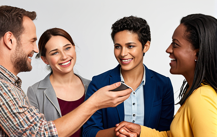 ** A diverse group of customers interacting positively with a brand representative, emphasizing customer empathy and personalized communication. Show elements of emotional connection and understanding.
**